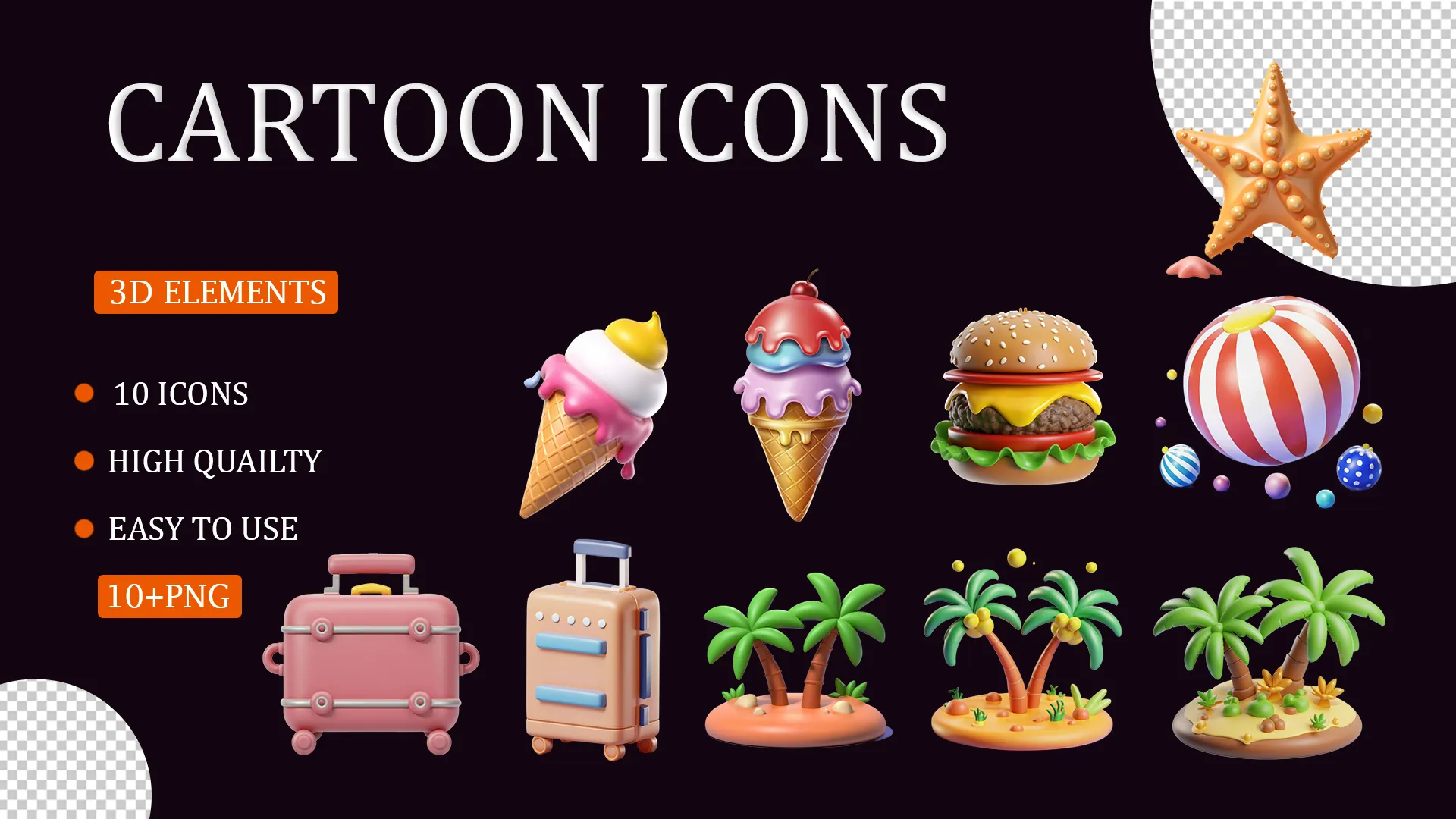 Colorful 3D Cartoon Food and Beach Icon Pack